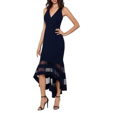 XSCAPE Navy Crepe Bodycon High Low Sleeveless Midi Evening Mermaid Dress 12P NWT