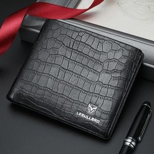 Mens Genuine Leather Crocodile Wallet RFID Blocking Black Business Bifold Card