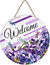 Welcome Spring Summer Floral Flower Sign for Front Door Decor, Pansy Dragonfly W