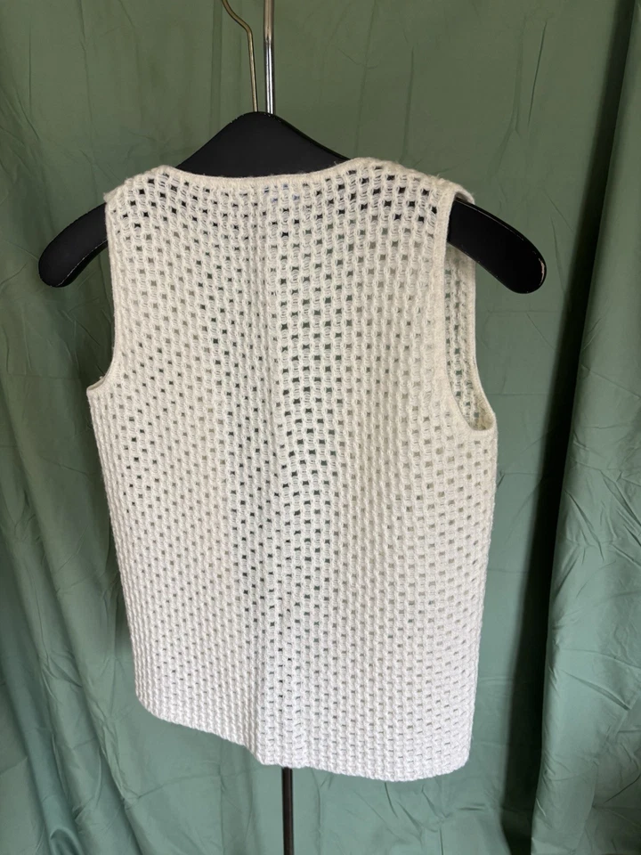 VINTAGE Sears 60s 70s Hippy Boho Knit Crochet Sweater Vest White Cottage Core - Image 4 of 4