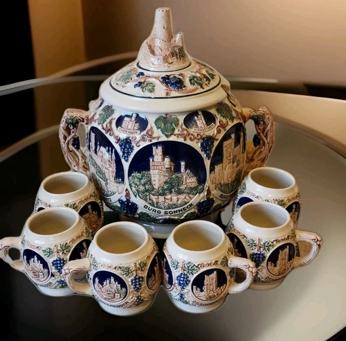 Vintage GERZ German Castle Tureen Punch / Soup Bowl 6 Individual Mugs Cups Set