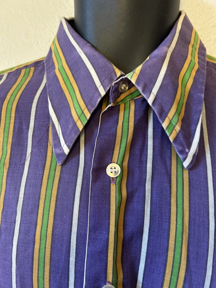 Camisa De Colección Años 70 Para Hombre Púrpura Verde Rayas Botón Frontal Cuello Daga L Leer Foto 4 de 4