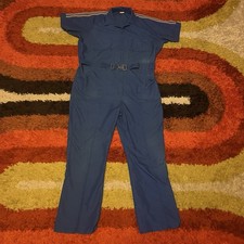 Vintage Blue Mechanic Jumpsuit Coveralls Striped Shoulder Belted Workwear