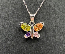 Butterfly Pendant Necklace Stud Earrings Set Multicolor Crystal Silver Tone