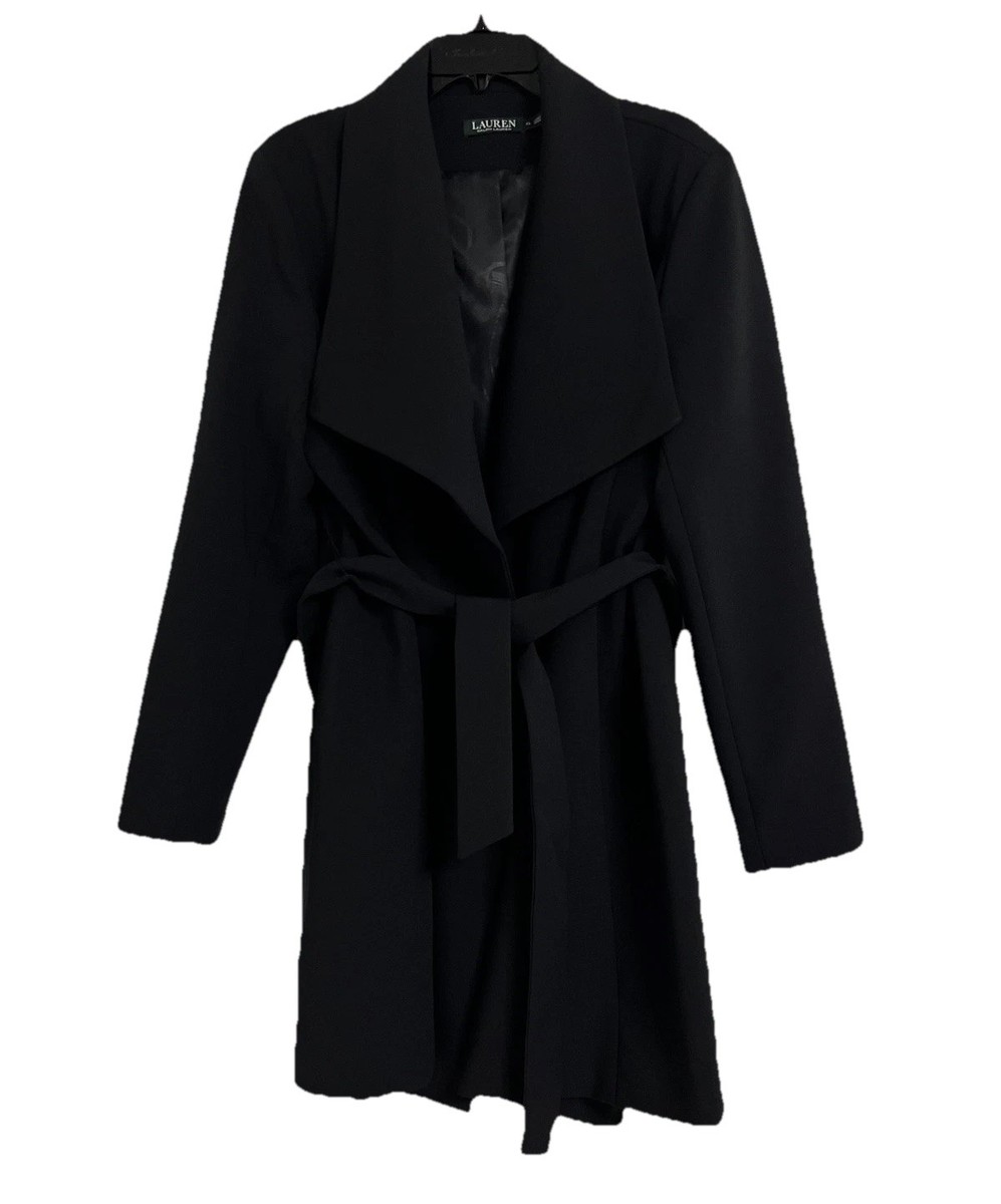 Lauren Ralph Lauren Coat XL Black Belted Wrap Waterfall Collar RLL