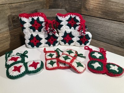Lot Of 6 - Vintage  Handmade Crochet Granny Square Knit Christmas Stockings