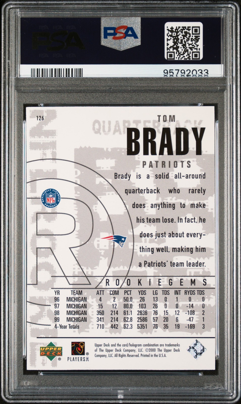 2000 UPPER DECK BLACK DIAMOND #126 TOM BRADY ROOKIE RC PSA 9 DNA AUTO 10 view 2