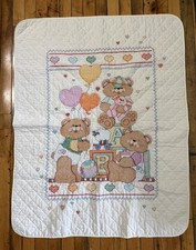 Vintage Handmade Cross Stitch Teddy Bear Baby Quilt Blanket 40 x 32