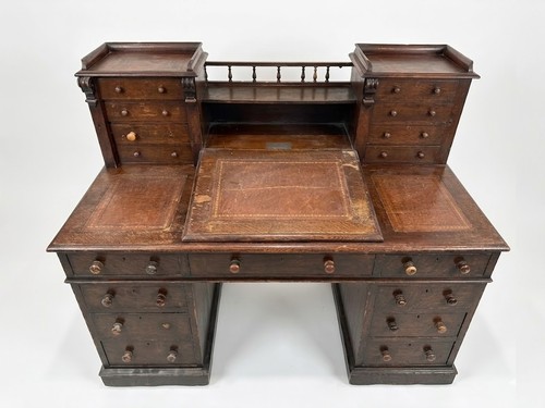 Antique 1892 English Oak Pedestal Desk - Victorian Davenport Gallery Top - Toole