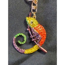 Rhinestone Chameleon Keychain Rainbow Gem Encrusted Bag Charm Rose Gold Tone