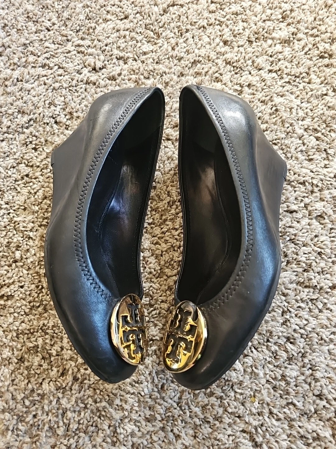 Tory Burch décolleté donna logo punta chiusa slip on zeppa nere taglia 7M *così come sono* GWSB