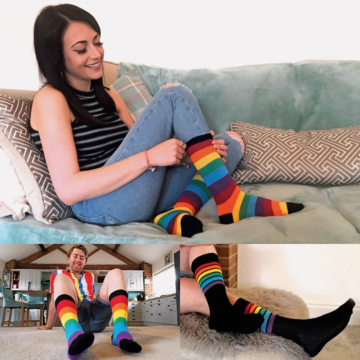 Sock Snob 3 Pairs Mens Ladies Colourful Novelty Stripe Cotton Rich Rainbow  Socks