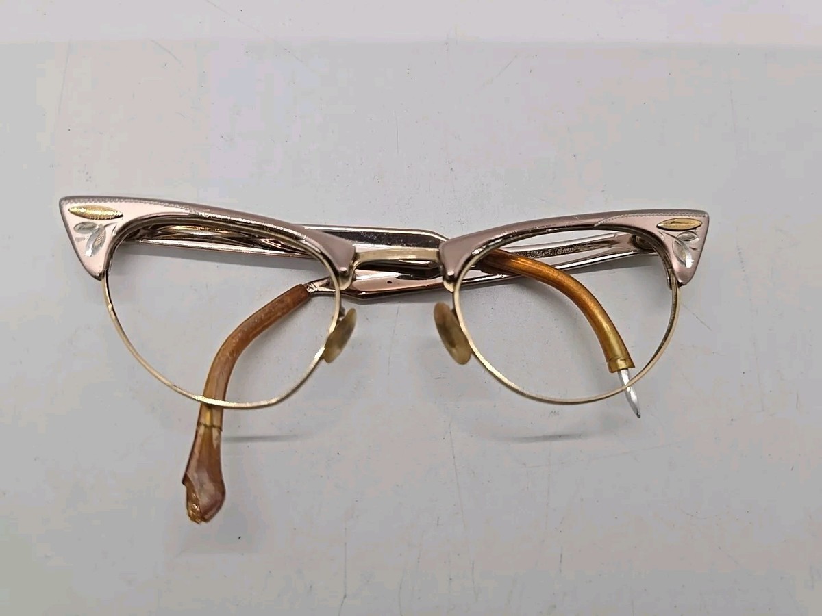 Shuron VTG 12K GF Eyeglasses Frames Pink Cat Eye Alum 1950's 4 - 5