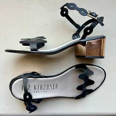 Ivy Kirzhner NY Lala Black Leather Sandals Rose Gold Block Heel 38.5 US 8 - 8.5