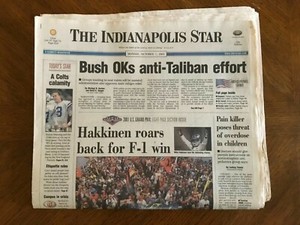 F1 US Grand Prix 2001 Indianapolis Star Newspaper Mika Hakkinen Winner