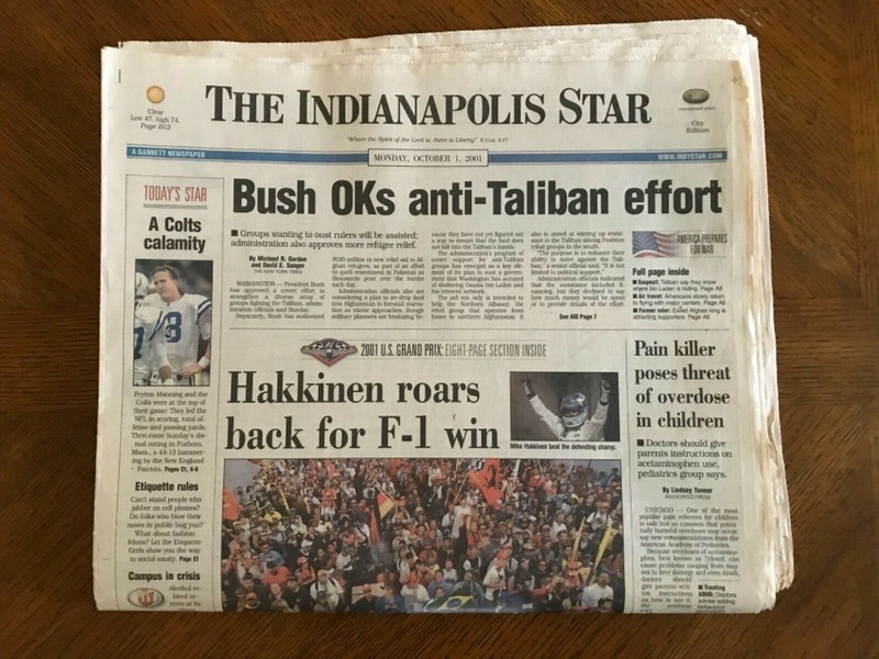 F1 US Grand Prix 2001 Indianapolis Star Newspaper Mika Hakkinen Winner