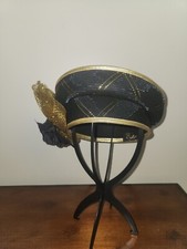 Ester Women's Black and Gold Fascinator Hat with Ruffle and Feather Details