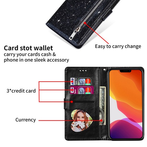 For Xiaomi Redmi Note 11s 10s 9s 8 Pro Glitter Wallet Case Card Zip Flip Cover - Picture 11 of 18