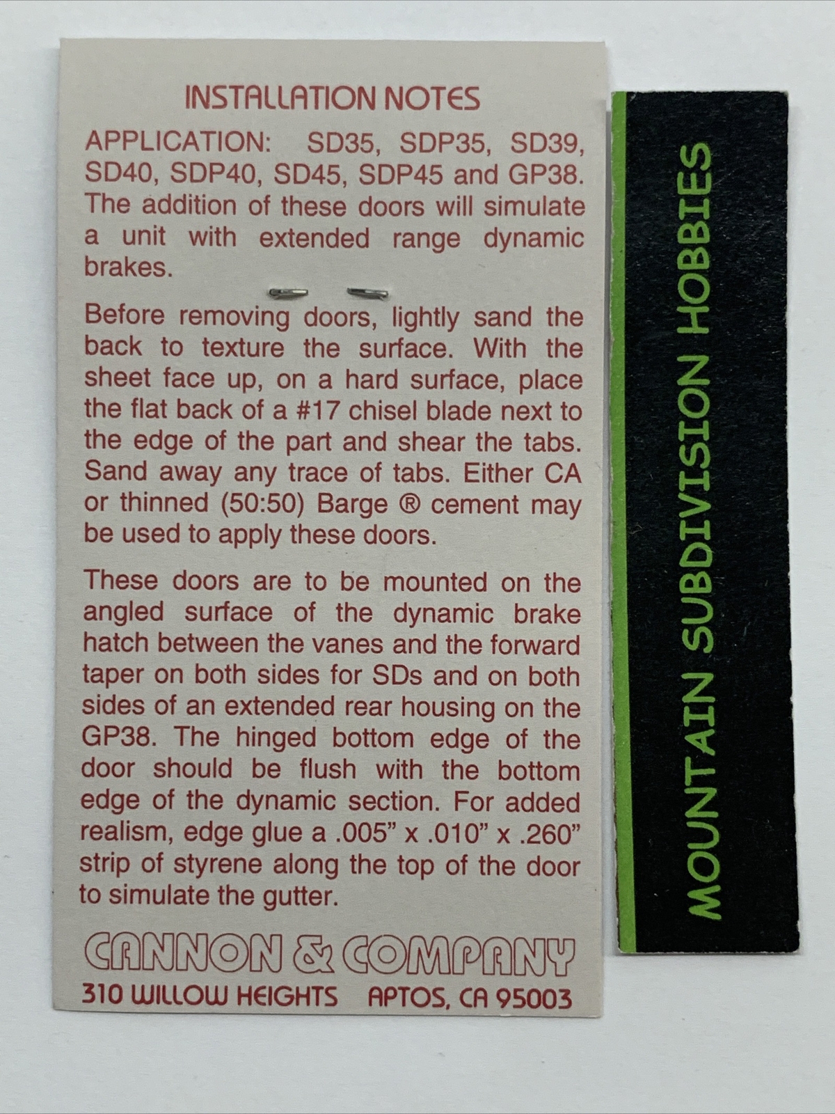 New  Cannon & Company ER-1806 HO Extended Range Doors - 40 series ~ $5 Offer