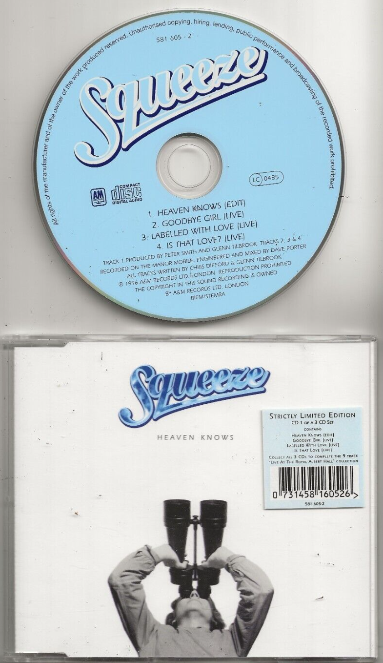 Squeeze Heaven Knows CD UK A&M 1996 4 Track Edit Part 1 B/w Goodbye