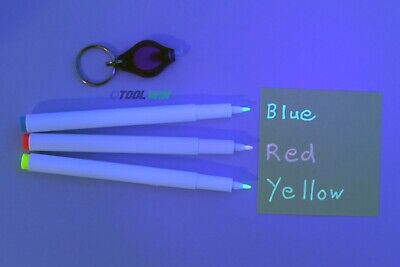 3 Invisible Ink Marker Pen 1 UV Flashlight Black Light Reactive Blue Red  Yellow for sale online