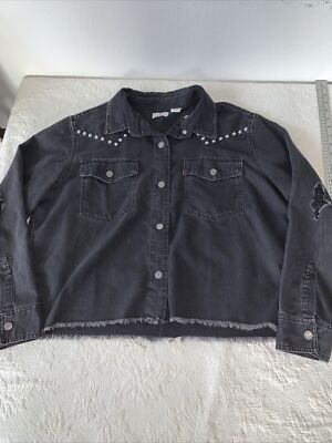 Levi's Daniela Western Studded Cropped Denim Distressed Shirt XS Black