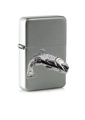#ad F1 TROUT emblem on a flip top petrol lighter windproof silver GBP 14.95