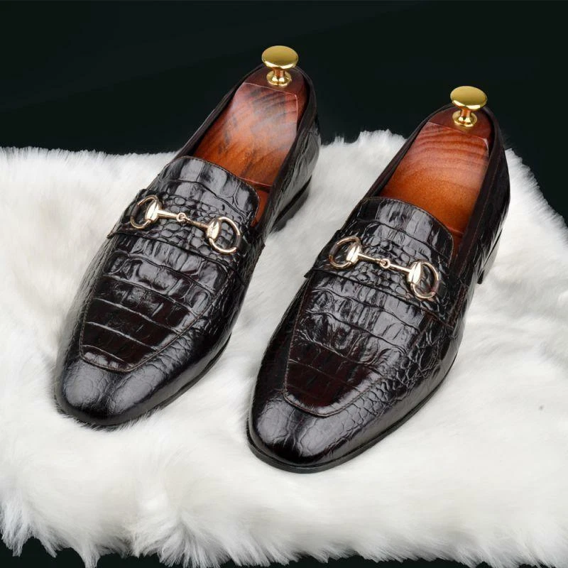 Men Black Alligator Texture Leather Moccasin Shoes, black loafers shoes