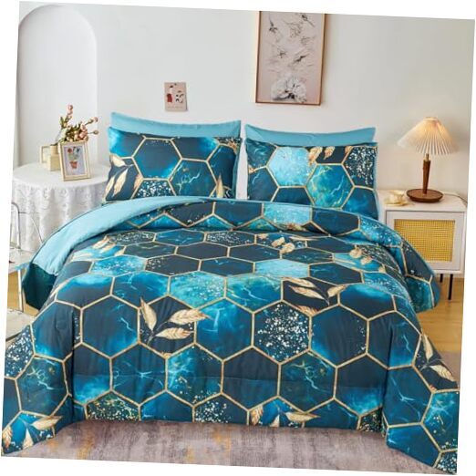 Honeycomb Size Bed in A Bag 7 Pieces Marble Gold Comforter Set with King Teal