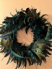 Feather Wreath Black Feather green Peacock Feather Accents 17" blue decor wall