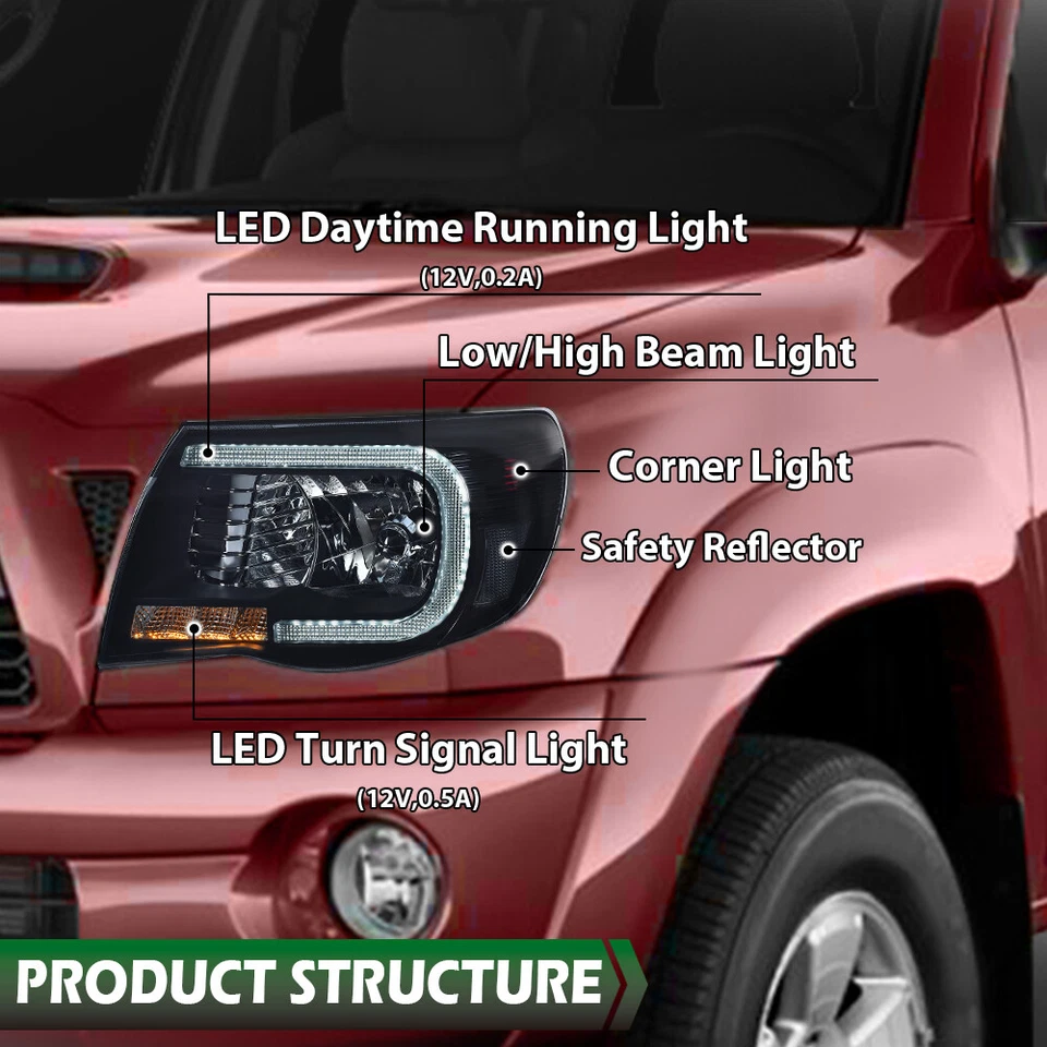 Подходит для 2005-2011 Toyota Tacoma светодиодная трубка DRL проектор фары левый + правый - Изображение 3 из 4