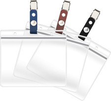 3 Pack ID Card Badge Holders with Detachable Leather Metal Badge Clips, Horizont