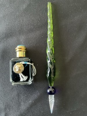 Murano glass dip pen/Calligraphy pen/Hand blown glass Green Red Tip Italy 1960s