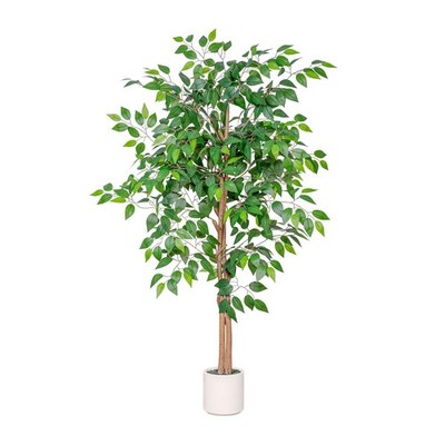 5FT Artificial Ficus Tree with White Planter - Realistic Faux Silk Indoor/Outdoo
