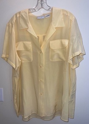 Jaclyn Smith Plus 100% Silk Yellow Sheer Button Front Blouse Womens 22W 24W