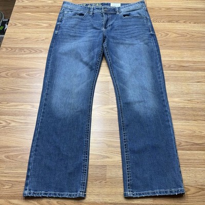 TK Axel Slim Root Jeans Mens 36x32 Blue Bootcut Stretch Denim Embroidered
