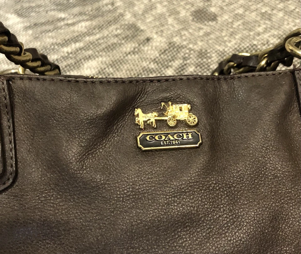 COACH MADISON 20466 Brown Leather Lux Chain Medium Shoulder Bag Tote Purse - Image 4 of 4