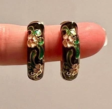 New Deep Black & Pink Floral Cloisonné Hoop Earrings