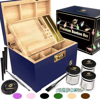 HOVANZO Premium Large Bamboo Storage Box with Removable Tray  Storage Wood Bo...