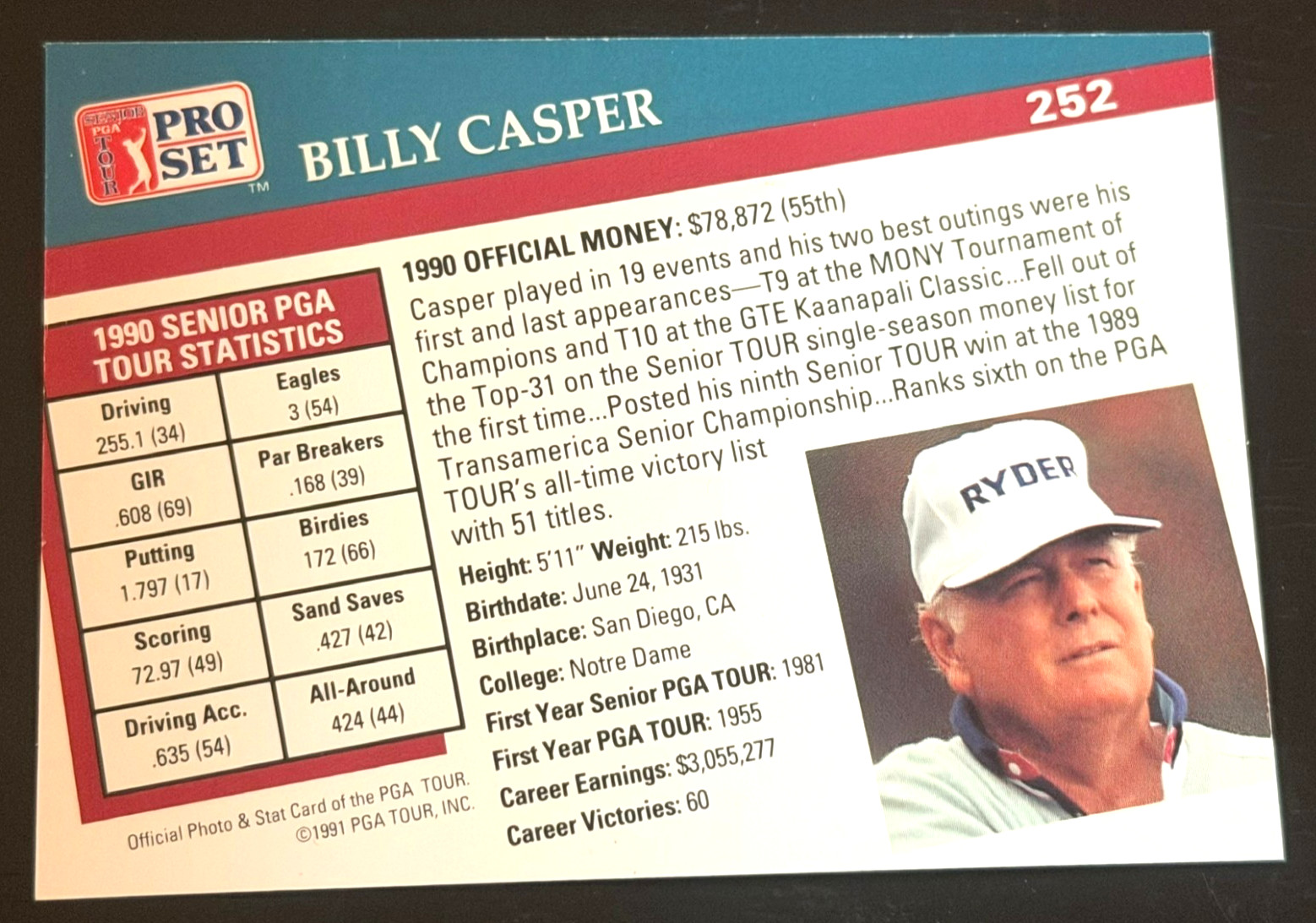 BILLY CASPER SIGNED AUTOGRAPHED GOLF BALL WITH ROOKIE CARD HALL OF FAME