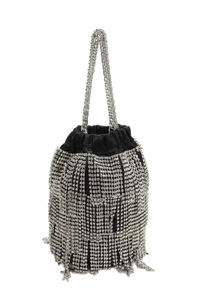 Zara 女式链条手柄水晶条纹小号缎面水桶手提包黑色 — 第 3/4 张图片