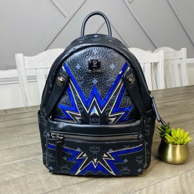 MCM Black Visetos Dual Stark Cyber Flash Backpack Blue Geometric