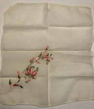 Vintage 60's Embroidered White Cotton Hankie Handkerchief Pink  Green Flowers