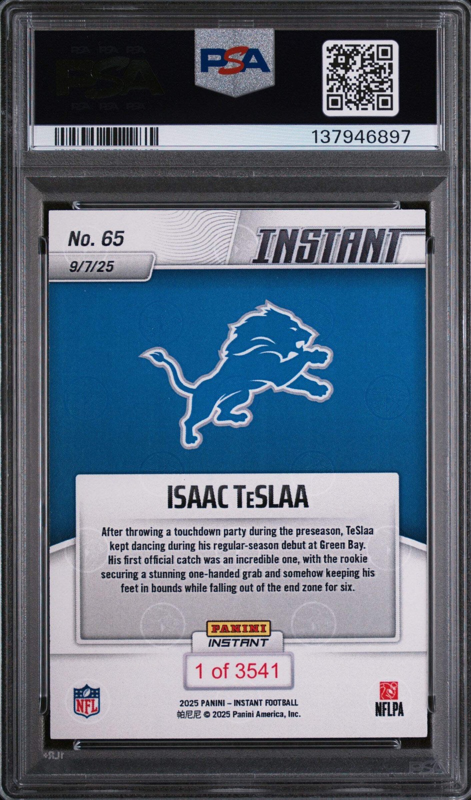 Isaac Tesla Rookie Card Graded 2025 Panini Instant Isaac Teslaa #65 Rookie Football Card PSA 10 ...