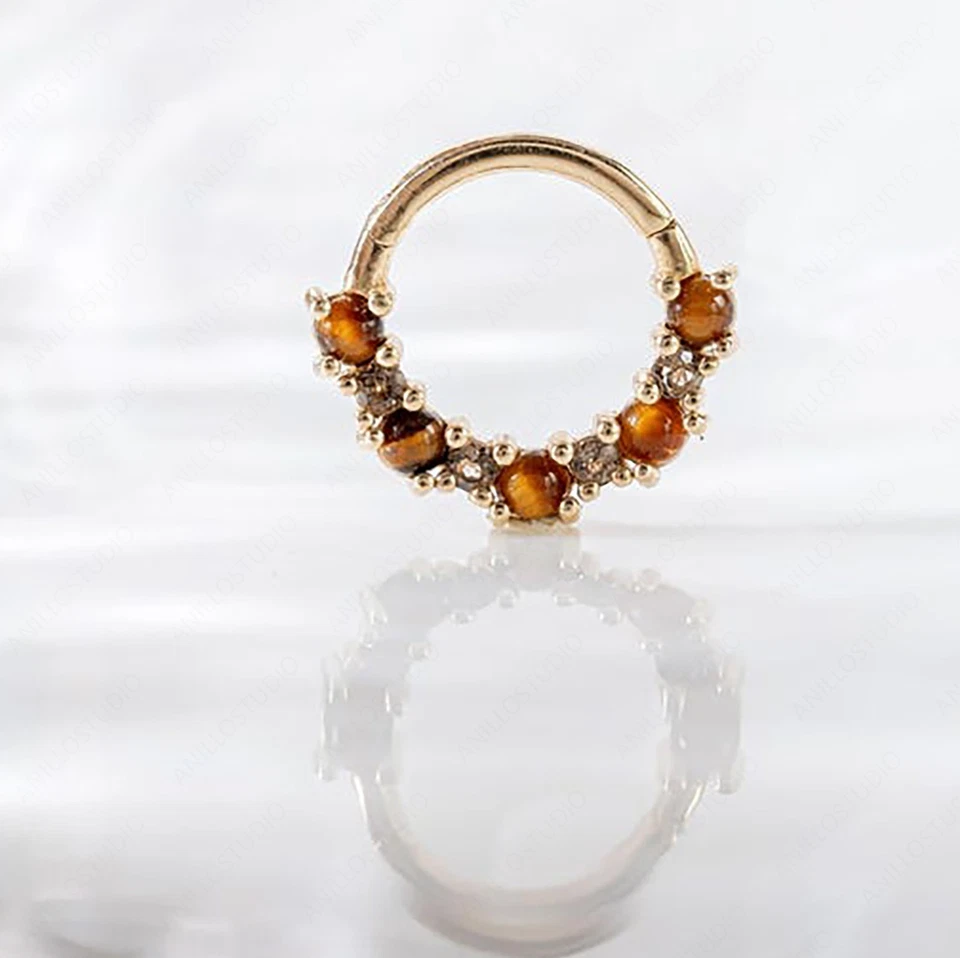 14k Yellow Gold Tiger Eye & Smoky Quartz Helix, Conch, Septum Clicker Nose Ring - Image 2 of 4