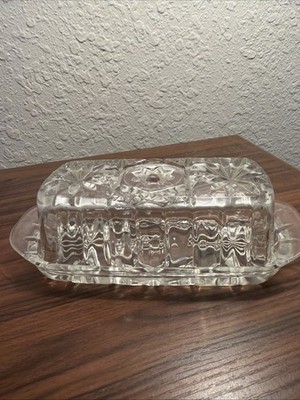 Vintage Anchor Hocking Clear Pressed Cut Glass Covered Butter Dish Starburst