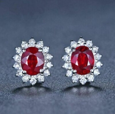 2 Ct Oval Cut Simulated Red Ruby Women's Push Back Earring 14k White Gold Plated