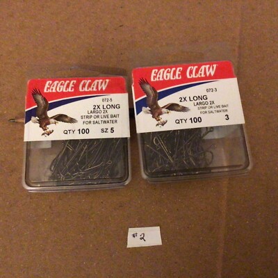 Lot of 2 New Old Stock Eagle Claw,2X Long Hooks,072-3,072-5,Qty.100 Ea.