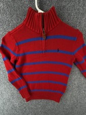 Polo Ralph Lauren Boys Small 1/4 Zip Pullover Knit Sweater Striped Red Blue Kids