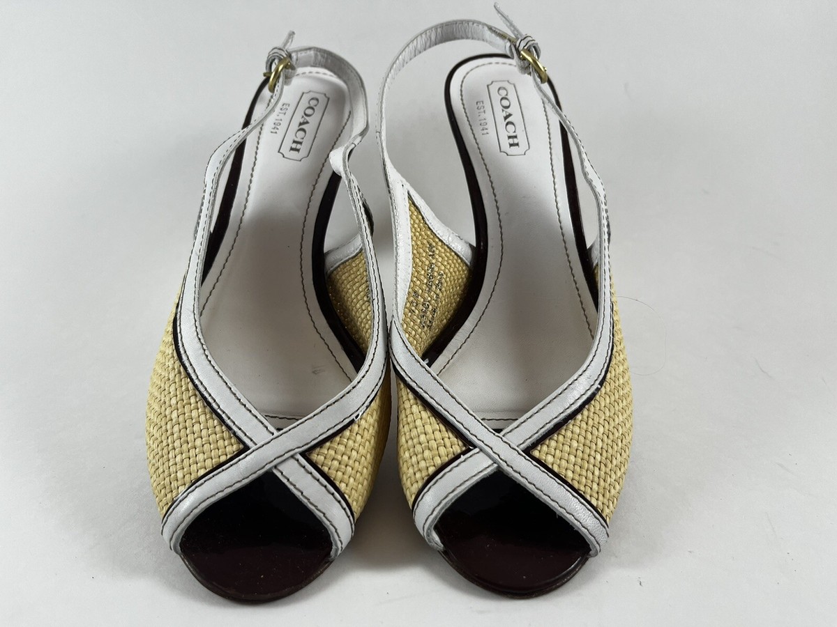 COACH WHITE LEATHER TRIMMED RAFFIA OPENTOE SLINGBACK HEEL SANDALS